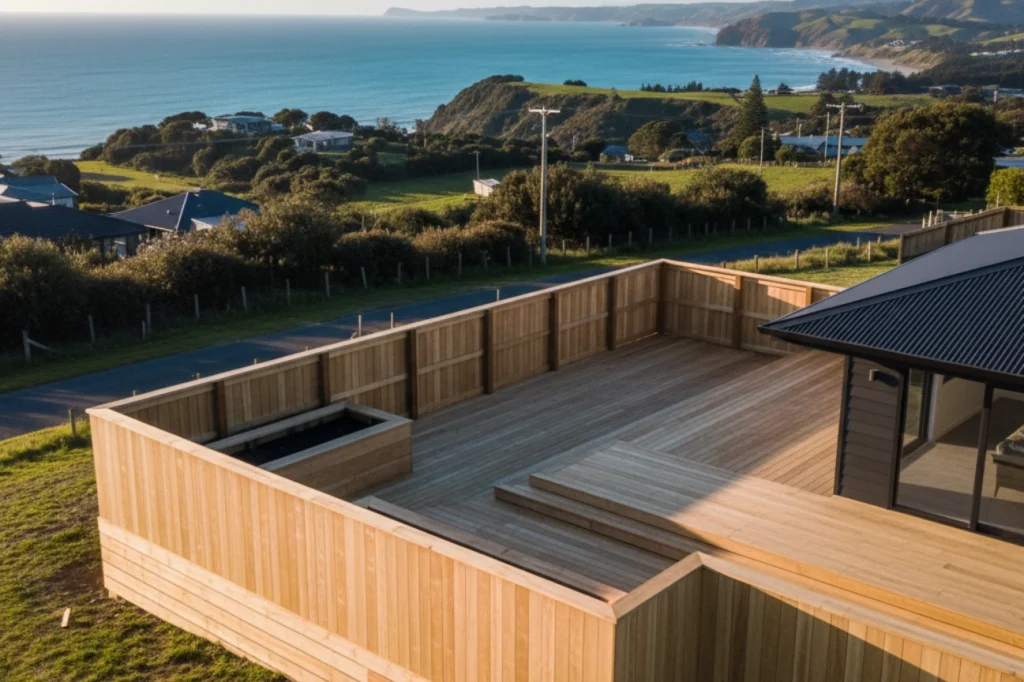 Beautiful completed timber deck by Fence and Deck Builder Kapiti with coastal views showcasing elegant design and craftsmanship