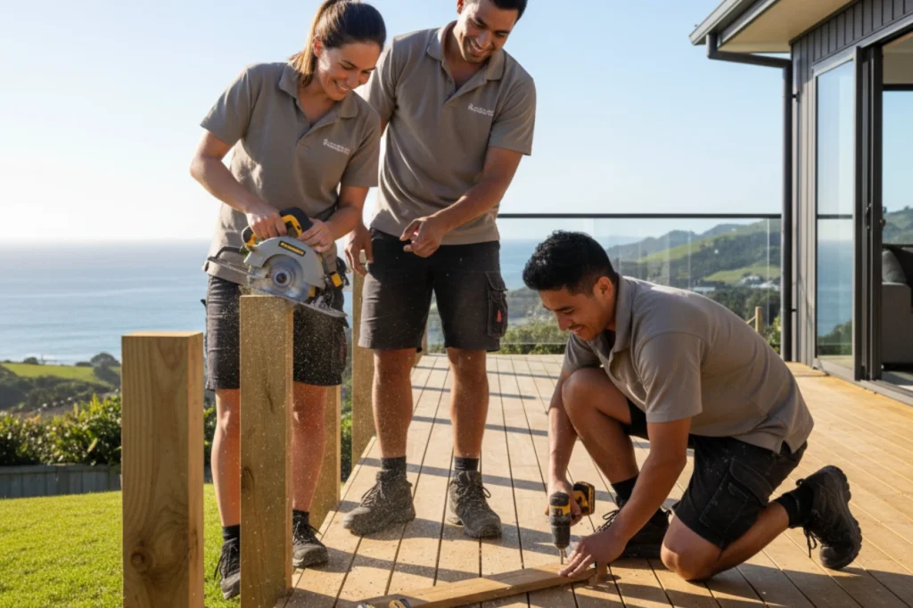Professional team from Fence and Deck Builder Kapiti working on a timber deck overlooking the Kapiti Coast with precision and care