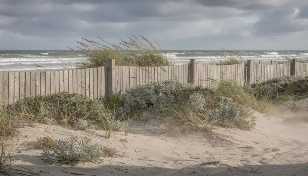The image depicts a coastal residential property with a wooden fence, surrounded by native vegetation that bends in the strong wind. This scene highlights the use of timber fencing, which requires minimal maintenance while enhancing the beachside home's curb appeal.