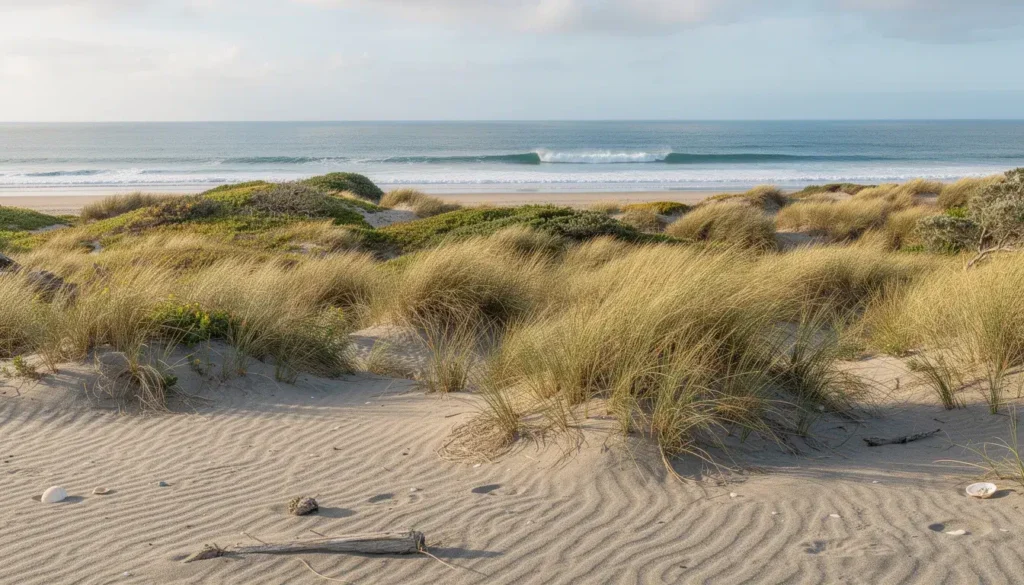 A serene coastal scene at Kapiti beach showcases soft sand dunes adorned with native grasses, while gentle waves roll in the background. This picturesque setting highlights the natural beauty of New Zealand's outdoor spaces, perfect for those considering quality fencing solutions to enhance their properties.
