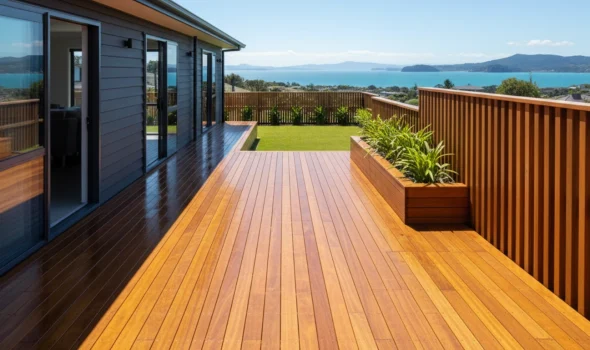 Adds Long Term Value To Your Property by Fence and Deck Builder Kapiti Beautiful timber deck overlooking the ocean built by Fence and Deck Builder Kapiti enhancing property value and appeal