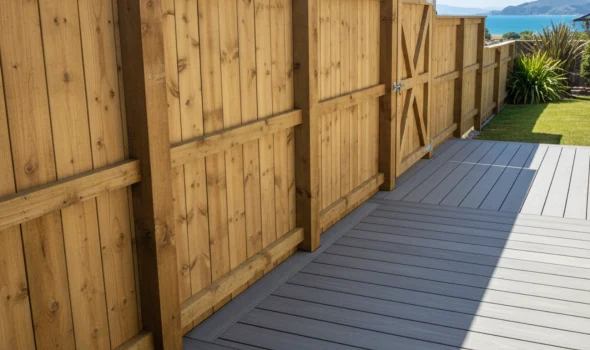 Built To Last With Durable Materials by Fence and Deck Builder Kapiti High quality wooden fence and composite deck built by Fence and Deck Builder Kapiti using durable materials for coastal conditions