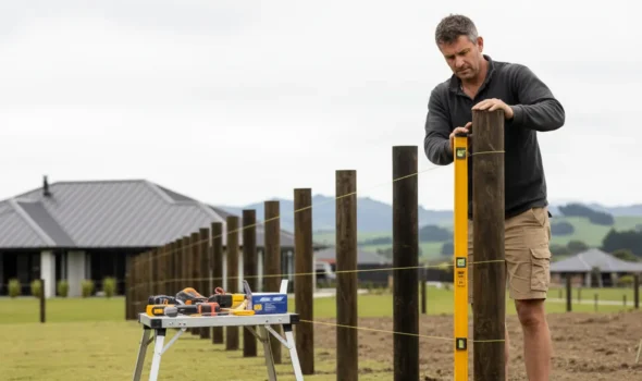 Hassle Free Installation – Lifestyle Block Fencing Kapiti Professional installer measuring fence posts in Kapiti ensuring precise and hassle free fencing installation