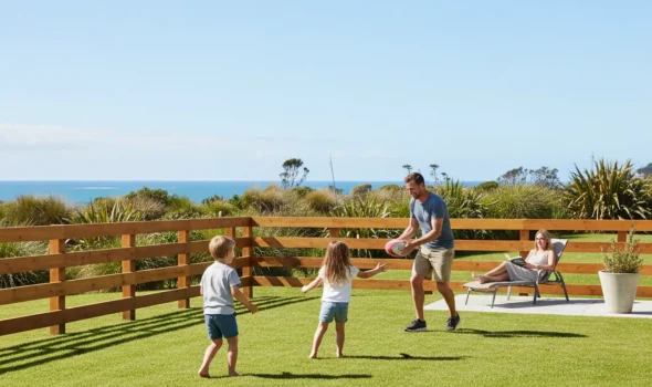 Long Term Benefits For Every Home by Lifestyle Block Fencing Kapiti Family enjoying sunny backyard surrounded by wooden lifestyle block fencing in Kapiti ensuring safety and long term value
