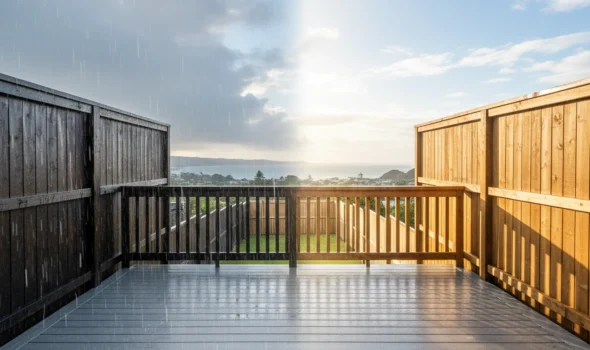 Weather Resistant For All Seasons by Fence and Deck Builder Kapiti Durable timber fence and deck built by Fence and Deck Builder Kapiti shown under both rain and sunshine to highlight weather resistance